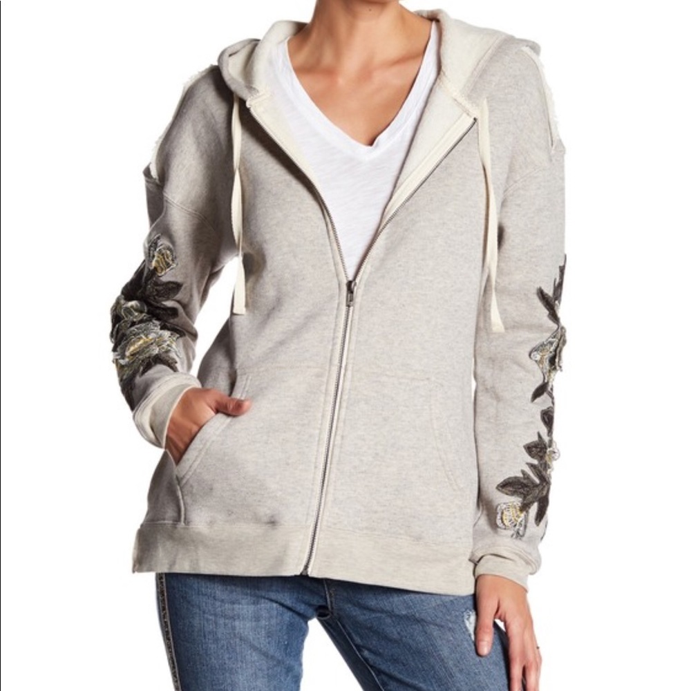 EUC Democracy Floral Appliqué Sleeve Zip Up Hoodie